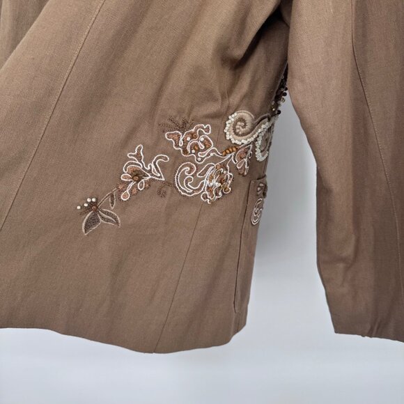 Coldwater Creek Embroidered Beaded Floral linen Jacket Size Large brown pockets - Picture 8 of 11
